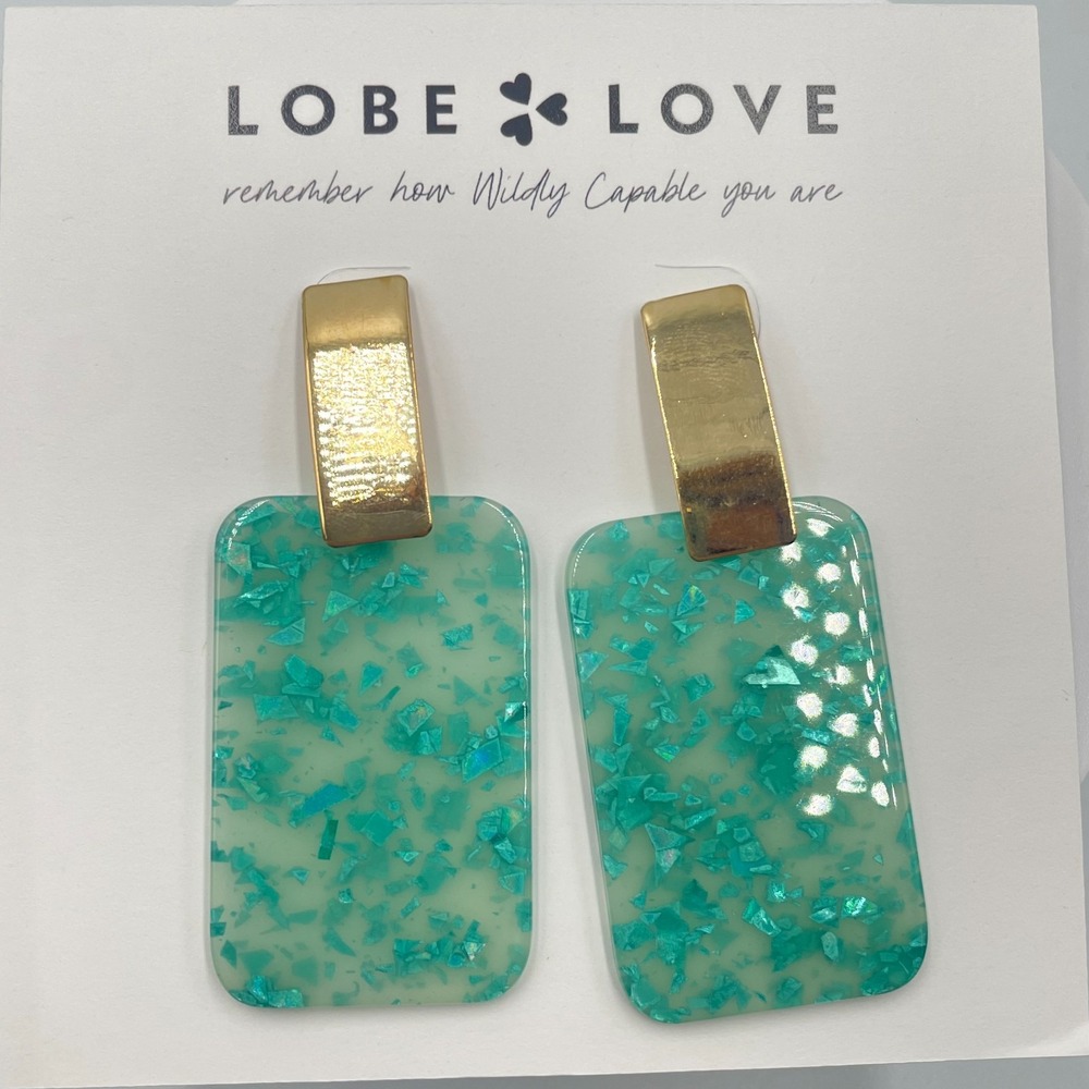VTG Y2K Retro Teal Glitter Confetti Acrylic Dangle Earrings Gold Tone Lobe Love